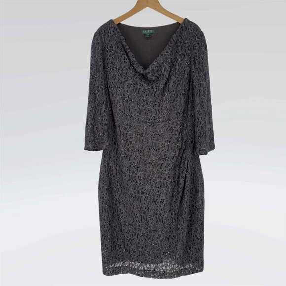 Ralph Lauren Lace Dress Black Green Ruched Draped Neck 3/4 Sleeve Size 14W Mint! - Picture 1 of 8